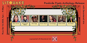 Event banner for "LITQUAKE: Poolside Poets Anthology Release" on Oct 16, 2025, showing seven featured poets with photos and names on a decorated orange background.