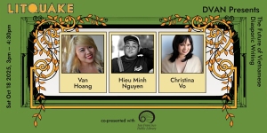 Event flyer for Litquake featuring photos of Van Hoang, Hieu Minh Nguyen, and Christina Vo, with event details about a Vietnamese Diaspora writing panel on October 18, 2025.