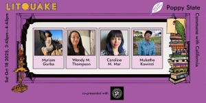Litquake event banner showing photos of Myrian Gurba, Wendy M. Thompson, Caroline M. Mar, and Mulele Kewai, with event details and a stack of books on the right.
