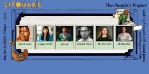 Event banner for Litquake featuring photos and names of Saeed Jones, Maggie Smith, Sara Sax, Randall Mann, Abi Maxwell, and Jill Domancic, with event details on the left side.