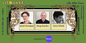 Promotional banner for Litquake event "Life After Cars" featuring photos of Sarah Goodyear, Doug Gordon, and Sunni Khalid, scheduled for Oct 24, 2025, at 7pm.