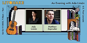 Event banner for "An Evening with Ada Limón" featuring photos of Ada Limón and Matthew Zapruder, event details, a guitar, and a drawing of a dog on books.