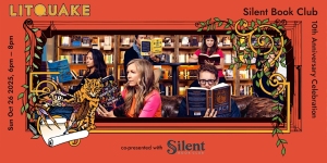 Four people sit reading books in a library or bookstore. A 10th Anniversary Silent Book Club event is advertised for October 26, 2025, as part of Litquake.