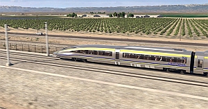 A high-speed train travels on elevated tracks through a rural area with agricultural fields in the background.