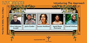 Event banner for Litquake featuring portraits and names of Chris Feliciano Arnold, Justin Carder, Lauren Markham, Ingrid Rojas Contreras, and Carvell Wallace, scheduled for Oct 15, 2025.