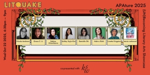 A promotional banner for the 2025 Litquake APAture UN|Becoming Literary Arts Showcase featuring portraits and names of seven authors and event details.