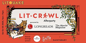 Litquake Lit Crawl Afterparty event poster with tiger illustration, sponsor logos, and event details for October 25, 2025, from 9pm to 11pm.