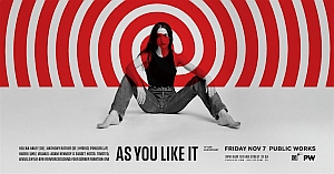 A person sits cross-legged against a wall with concentric red and white circles, centered behind them. Text reads "As You Like It" with event details listed below.