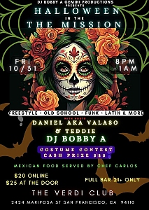 Event flyer for a Halloween party at The Verdi Club, San Francisco, featuring a woman with skull makeup, event details, costume contest, and DJ lineup.
