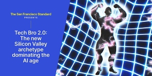 A graphic of a muscular human silhouette with electric effects, standing in front of a blue grid; text discusses the rise of the "Tech Bro 2.0" archetype in Silicon Valley's AI sector.