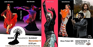 Promotional poster for a flamenco show with images of performers dancing, event details, date, time, ticket price, and location at Bissap Baobab, San Francisco.