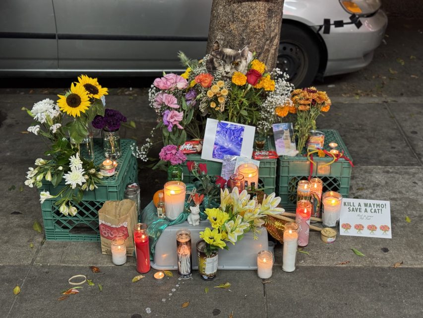 A memorial with flowers, candles, photos, and signs arranged on crates and the ground by a tree on a city sidewalk.