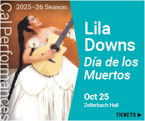 Singer Lila Downs in a white dress holds a guitar; text promotes her Dรญa de los Muertos show on October 25 at Zellerbach Hall for the 2025-26 Cal Performances season.