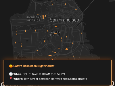 Map of San Francisco highlighting the Castro District, featuring details for the Castro Halloween Night Market on Oct. 31, 11 AM–11:59 PM, on 18th Street between Hartford and Castro streets—your guide to a spirited Halloween celebration.