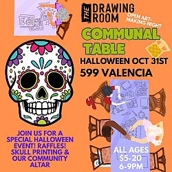A colorful flyer for a Halloween open art-making night at The Drawing Room, featuring a decorated skull, event details, and illustrations of people creating art at tables.