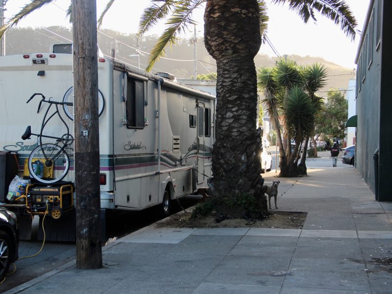 A large RV with a bike attached to the back is parked on a city street next to a palm tree and sidewalk in daylight.