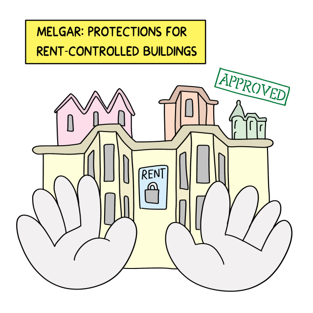 Illustration of hands shielding a building labeled "RENT" with a lock, captioned "MELGAR: PROTECTIONS FOR RENT-CONTROLLED BUILDINGS," featuring a green "APPROVED" stamp and referencing the upzoning amendment.