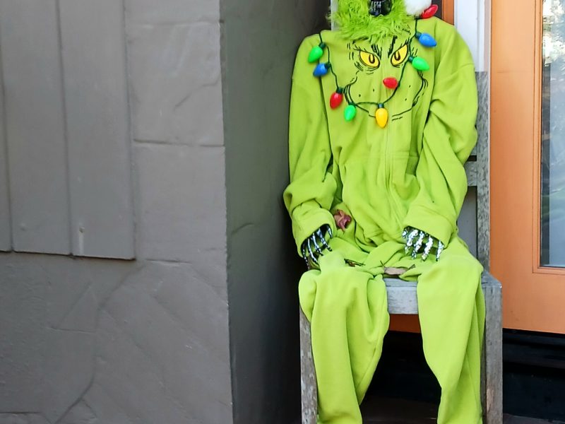 A skeleton wearing a Grinch onesie, Christmas lights, and a Santa hat sits on a chair outside by an orange door.