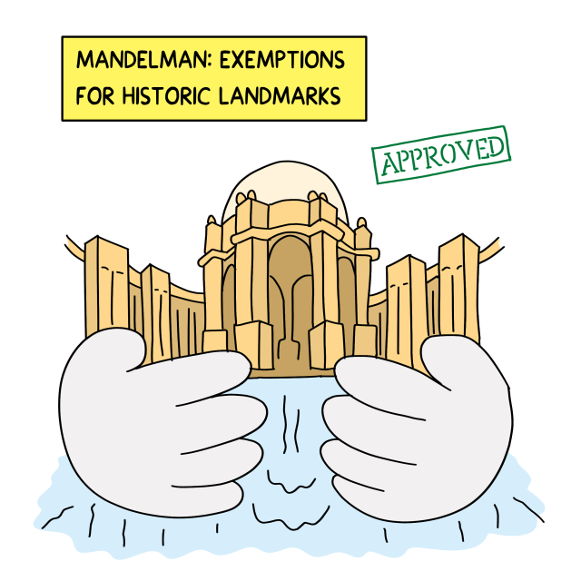 Cartoon hands hold a model of a historic landmark above water; a sign reads "Mandelman: Exemptions for Historic Landmarks" with an "Approved" stamp, referencing the upzoning amendment.