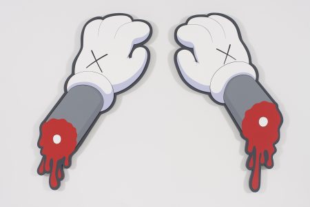 Two cartoon-style gloved hands with forearms, depicted severed and dripping red, with X marks on the knuckles, against a plain white background.