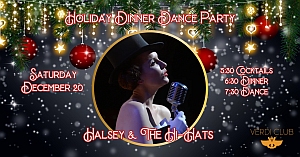 A holiday dinner dance party flyer features a woman singing into a vintage microphone, event details, and festive decorations with ornaments and lights.