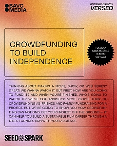 Event poster titled "Crowdfunding to Build Independence," promoting a virtual event on Tuesday, November 14, at 6:30 PM, discussing crowdfunding for film and series projects.