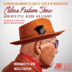 Elderly man in an orange hat and sunglasses, shown in profile, promotes the "Elders Fashion Show" event on November 21 at MCCLA Theater.