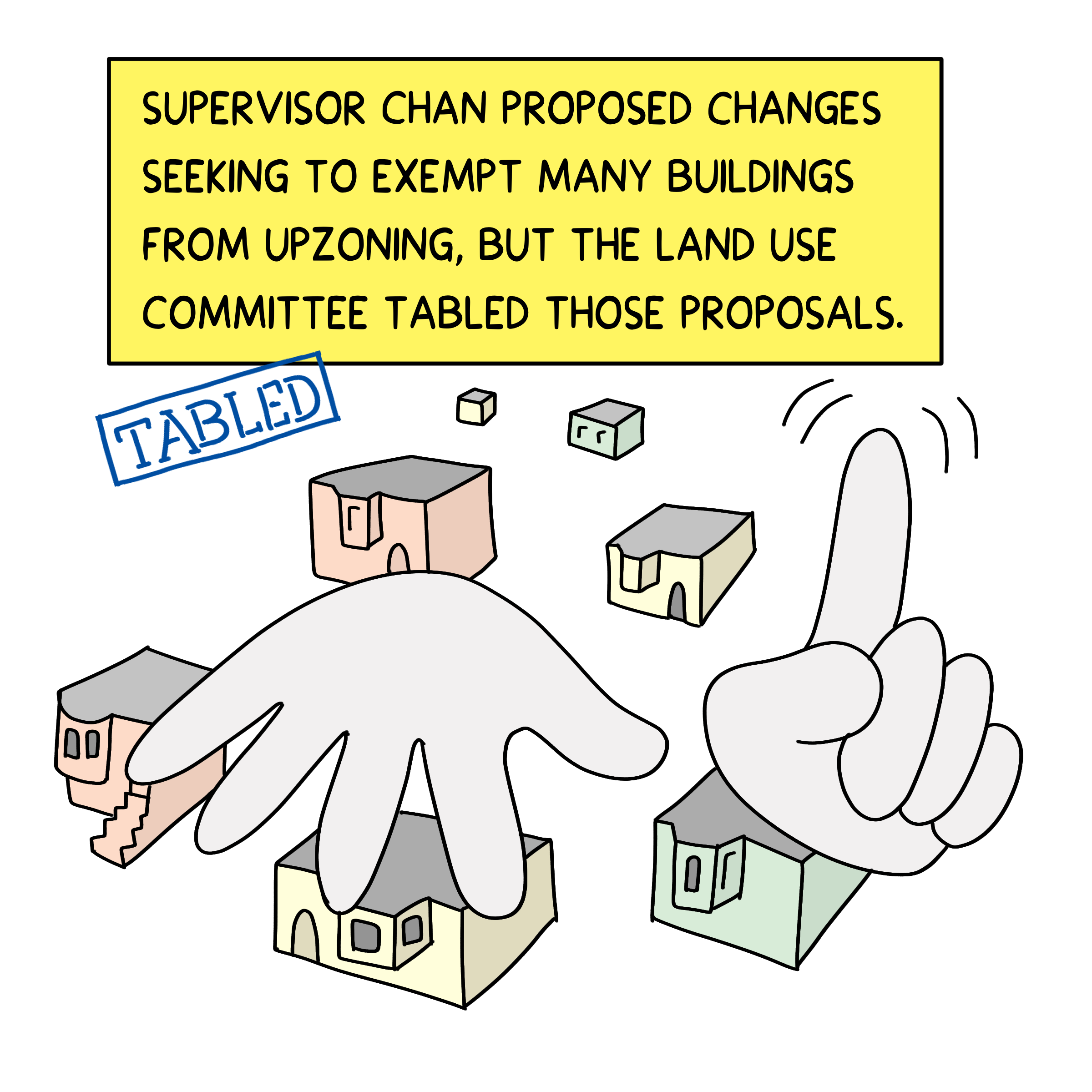 A large hand gestures to stop among small buildings, with a "TABLED" stamp and text about Supervisor Chan's upzoning amendment exemption proposal being tabled by the land use committee.