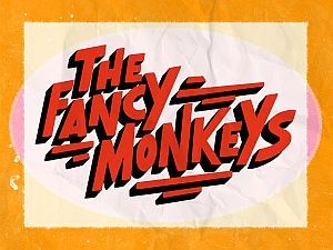 Text graphic reads “The Fancy Monkeys” in bold, red, stylized letters on a white oval background with an orange border.