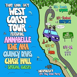 Colorful tour poster with illustrated map, a purple van on a winding road, event dates, and artist names: Annabelle, Igne Aka, Quincy Davis, Chase Hall, plus special guests.