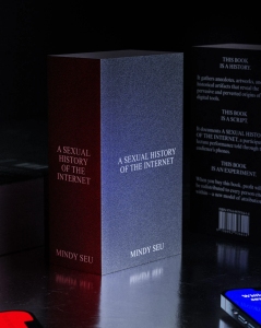 A thick book titled "A Sexual History of the Internet" by Mindy Seu stands upright on a reflective surface, with two more copies visible in the background.