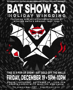 Event poster for "Bat Show 3.0 Holiday Wingding" featuring a red and black bat illustration, with event details for an art show on December 19 in San Francisco.