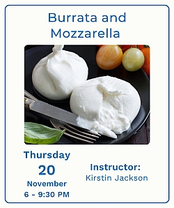 A plate with burrata and mozzarella cheese, two heirloom tomatoes, a fork, and a basil leaf. Text details a cheese class on November 20, instructed by Kirstin Jackson.