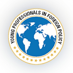 Circular logo featuring a world map in blue and white, encircled by the text "Young Professionals in Foreign Policy" and a row of gold stars at the bottom.