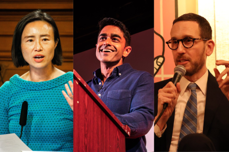 Three people speak at separate events: a woman by a microphone, a man at a podium, and another man holding a microphone and gesturing with his hand.