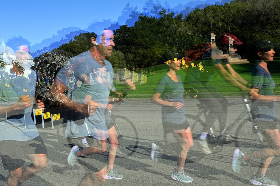 Multiple overlapping images show people jogging and biking outdoors on a paved path in a park with trees and green grass in the background.
