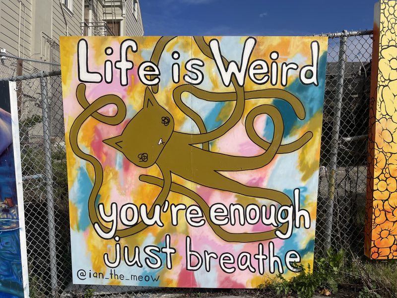 A mural features a cat with wavy tentacles and the text “Life is Weird, you’re enough, just breathe” against a colorful background.