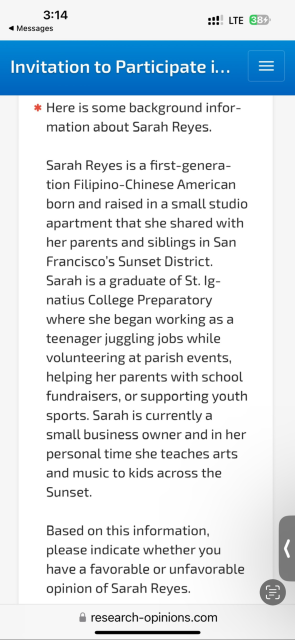 A screenshot of text providing background on Sarah Reyes, a first-generation Filipino-Chinese American and small business owner from San Francisco’s Sunset District.