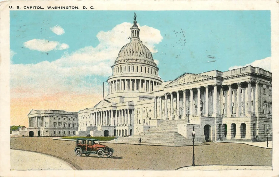 Vintage illustration of the U.S. Capitol building in Washington, D.C., with an early automobile parked on the street in front.