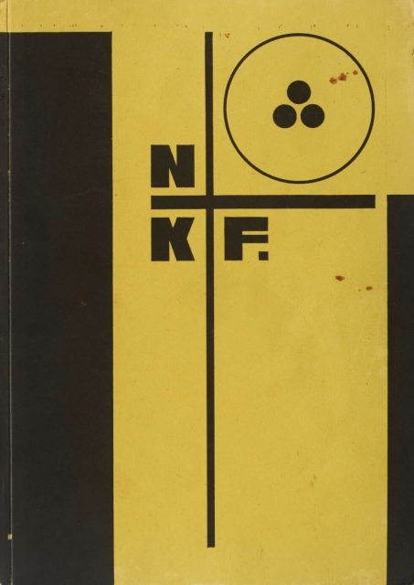 Yellow and black geometric cover with vertical and horizontal black bars, the letters "NKF", and a circle containing three smaller filled circles.