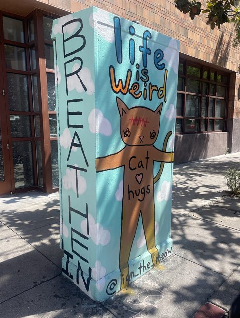 A painted utility box displays a cartoon cat with stitched forehead, text saying “life is weird,” “Cat hugs,” and the word “BREATHE IN” along the side, on a city sidewalk.