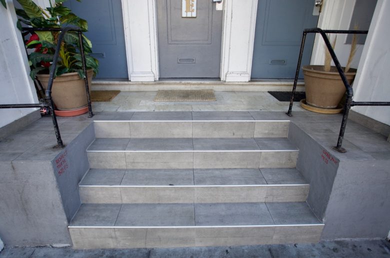 Four gray tiled steps with metal edges lead up to two doors, flanked by handrails and potted plants on either side.