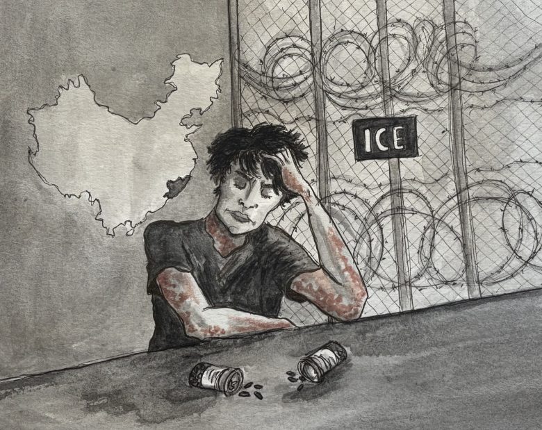 A person sits at a table with spilled pills, looking distressed. Barbed wire, a map of China, and an ICE sign appear in the background.