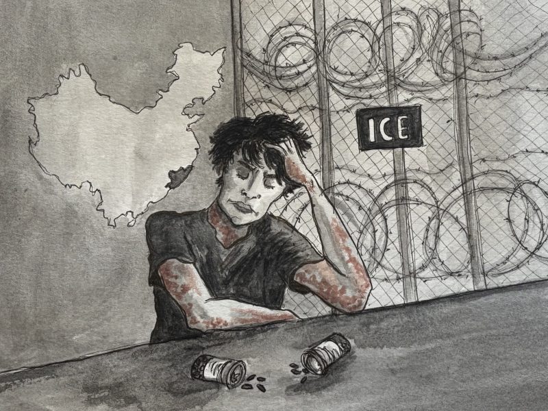 A person sits at a table with spilled pills, looking distressed. Barbed wire, a map of China, and an ICE sign appear in the background.