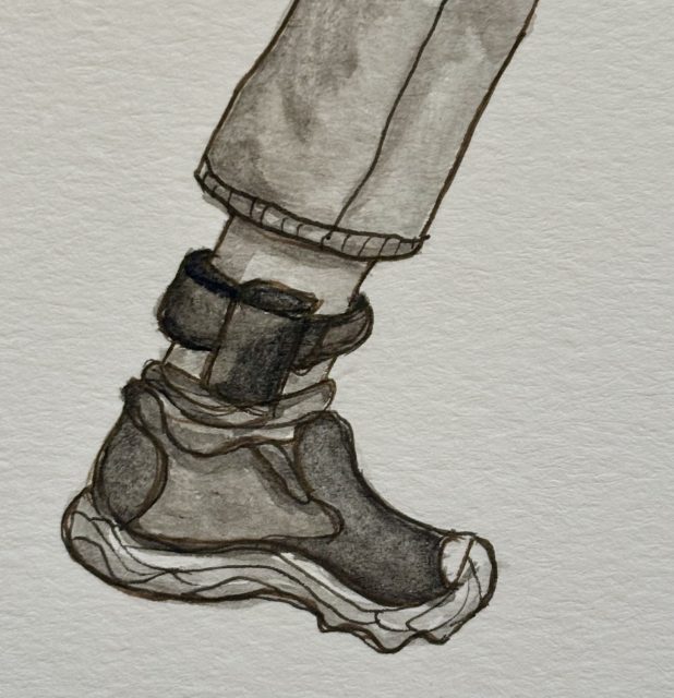 A drawing of a person's lower leg wearing pants, a black ankle monitor, and a black sneaker with white soles.