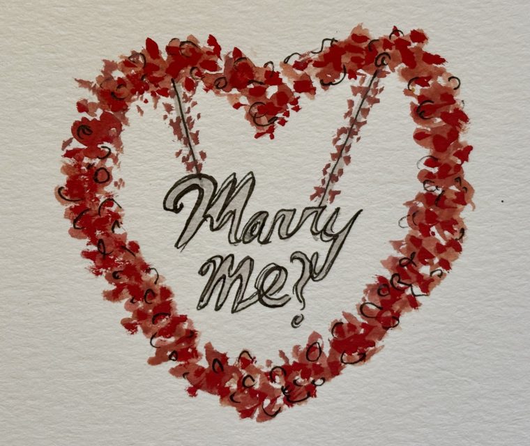 A hand-drawn heart made of red flowers surrounds the words “Marry Me?” written in cursive, with flower-decorated chains at the top.