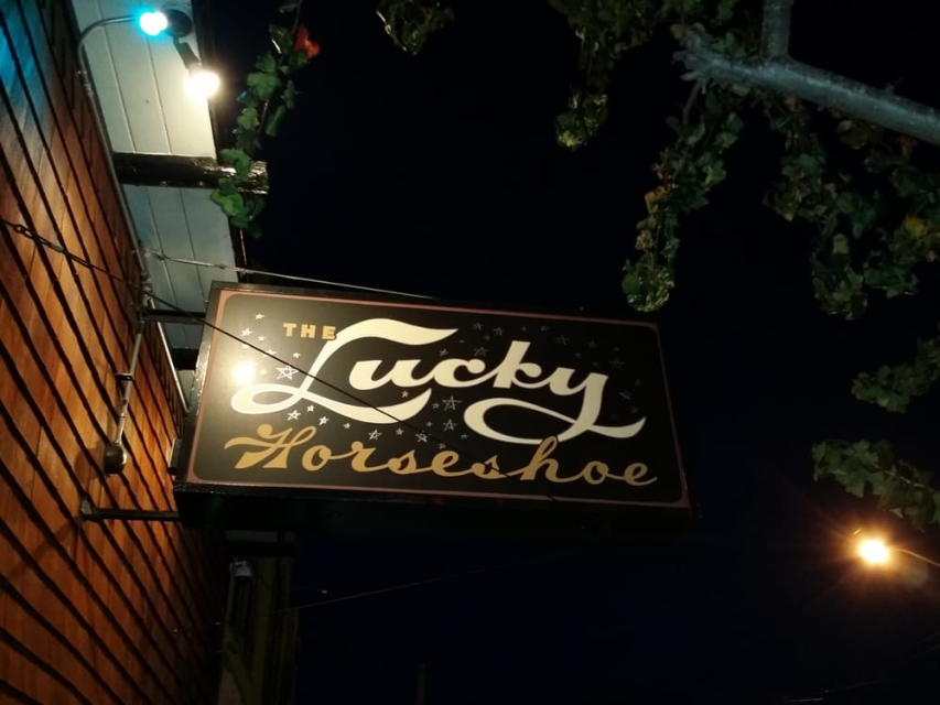 A rectangular, illuminated sign reading “The Lucky Horseshoe” hangs outside a building at night, with tree branches and streetlights visible.