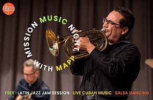 A man plays a brass instrument on stage with another musician in the background. Text promotes a music night featuring Latin jazz, Cuban music, and salsa dancing.