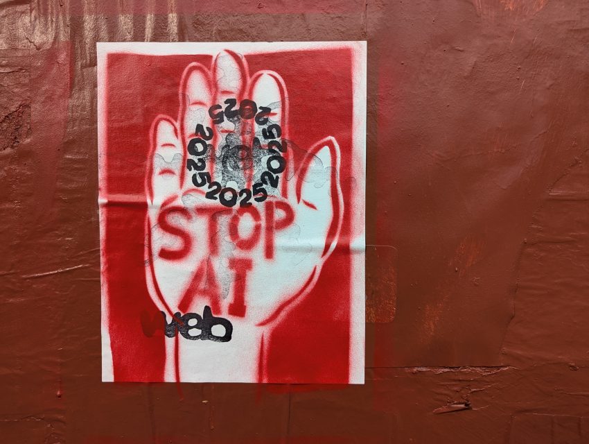 A red and white poster of an open palm with "STOP AT" in bold red letters and numbers "2025, 2024, 2023" on the fingers, pasted on a brown wall.