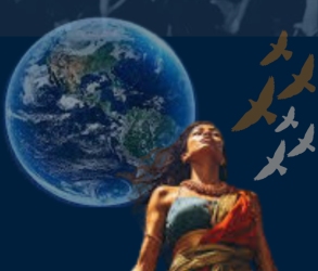 A woman in colorful clothing stands in front of an image of Earth, with several bird silhouettes flying to her right against a dark blue background.